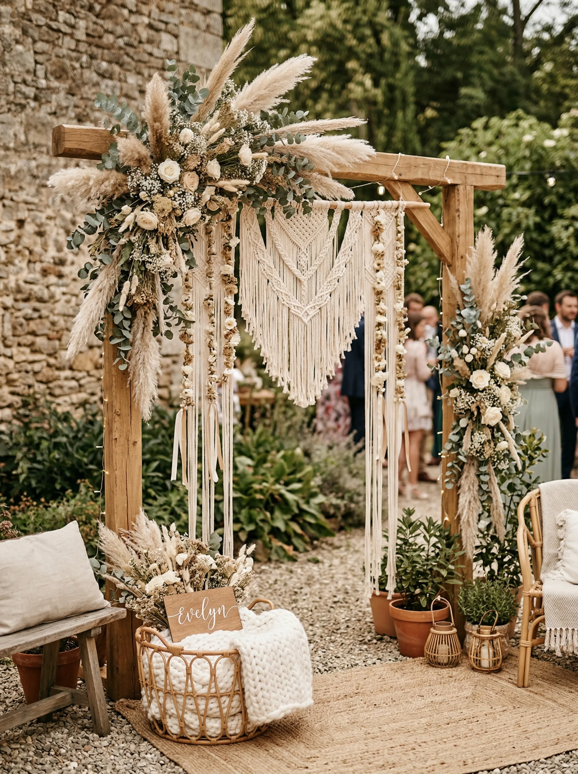 Ścianka na chrzest w stylu boho — pampasy, makrama i naturalne drewno