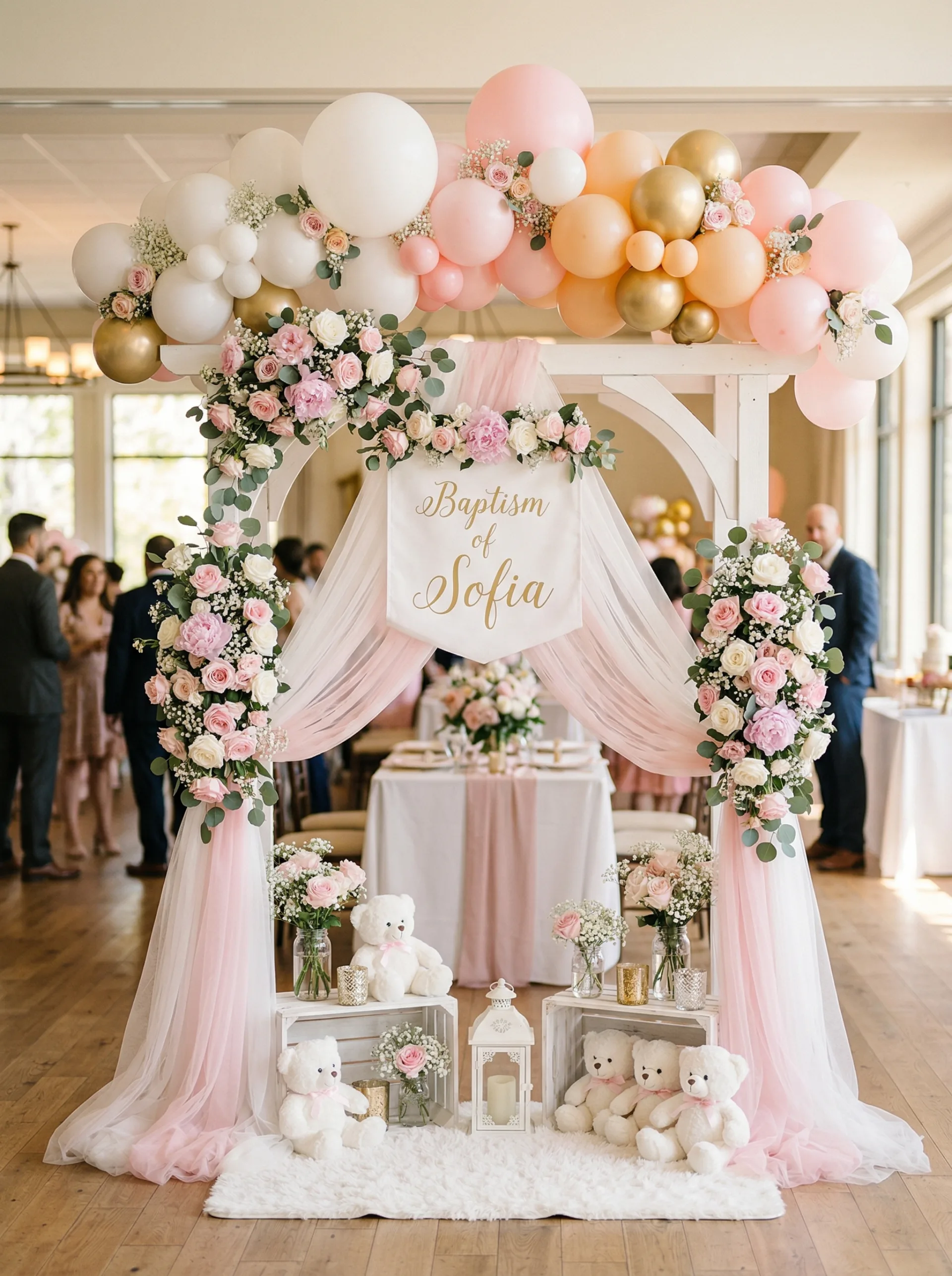 Ścianka na chrzest dla dziewczynki — różowe kwiaty, balony i tiulowe tkaniny