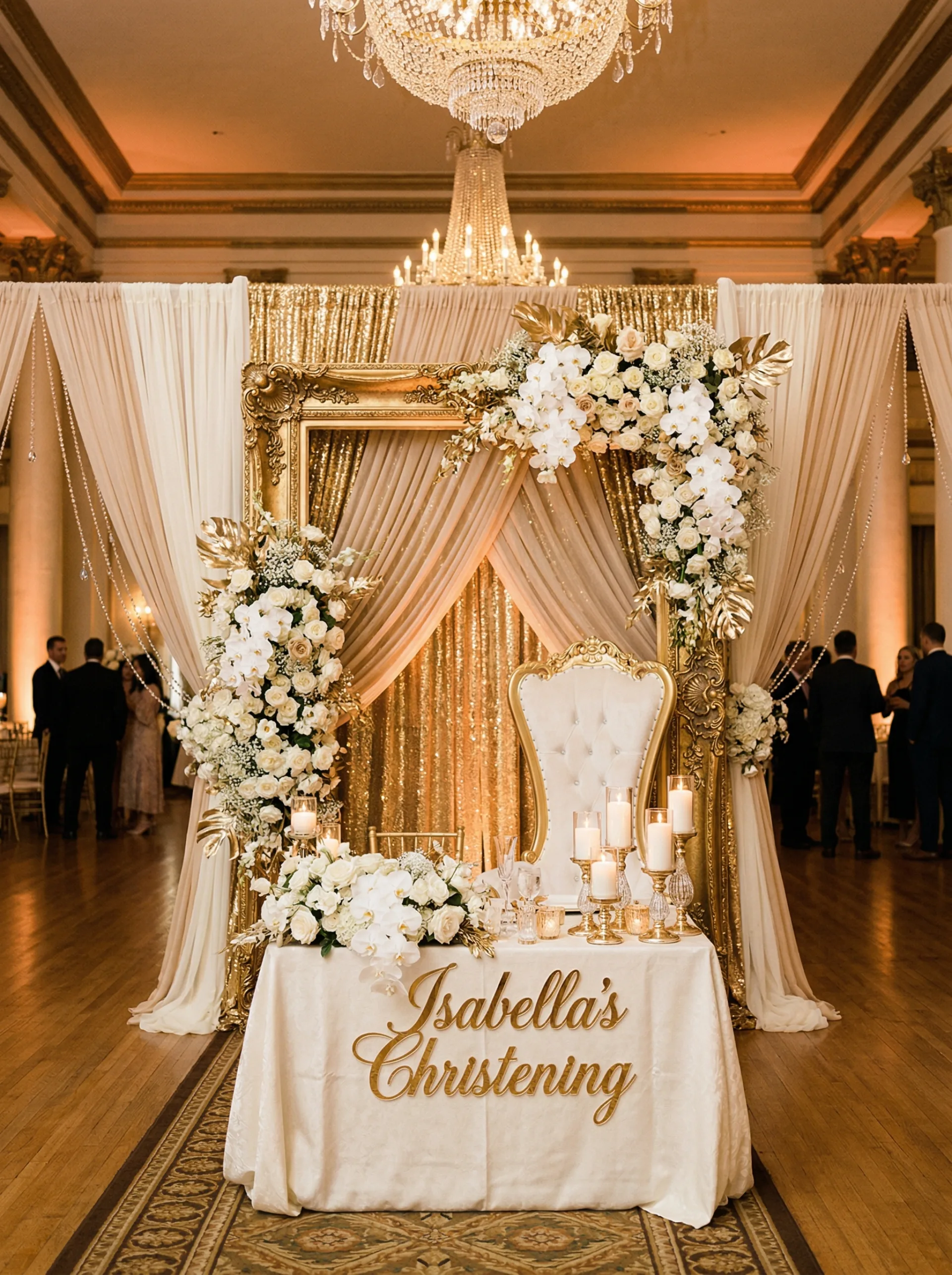 Luksusowa złota ścianka na chrzest z orchideami i kryształami