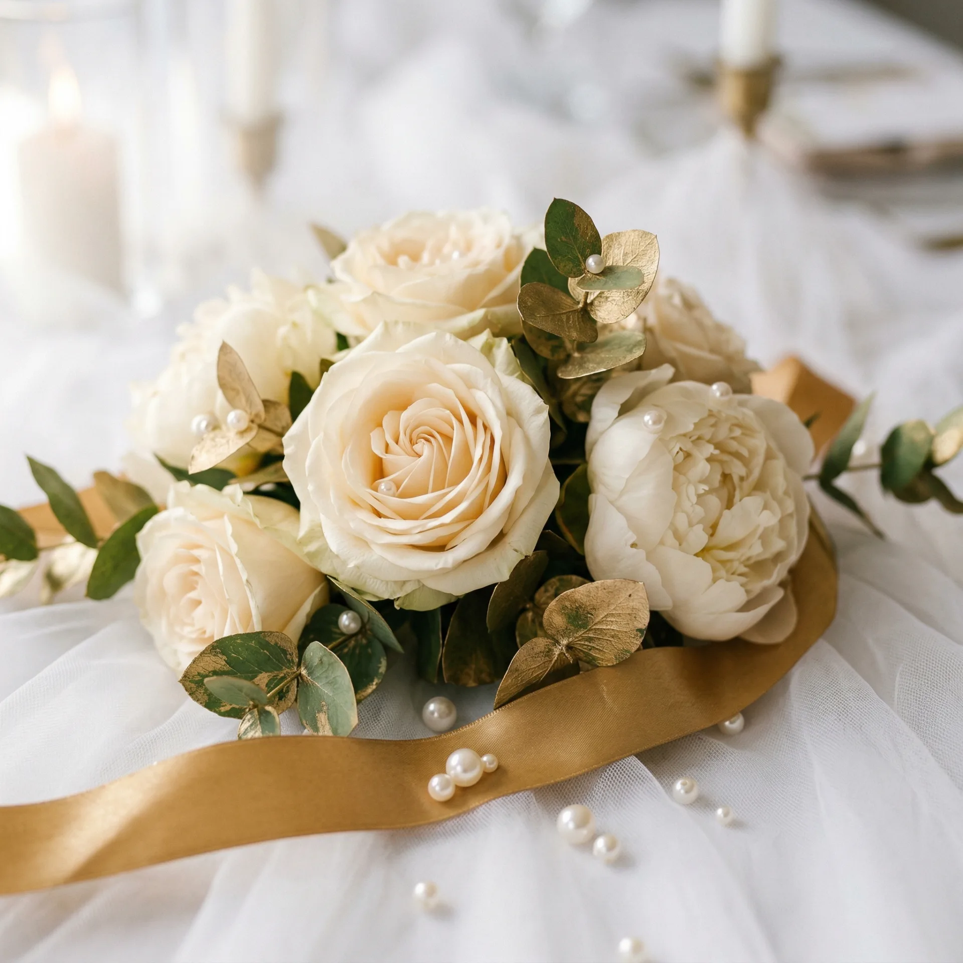 Detale kwiatowe dekoracji na chrzest — kremowe róże z złotym eukaliptusem