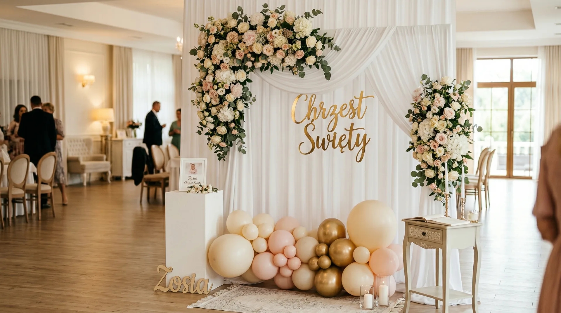 Elegancka ścianka na chrzest z kwiatami i balonami w ciepłym oświetleniu